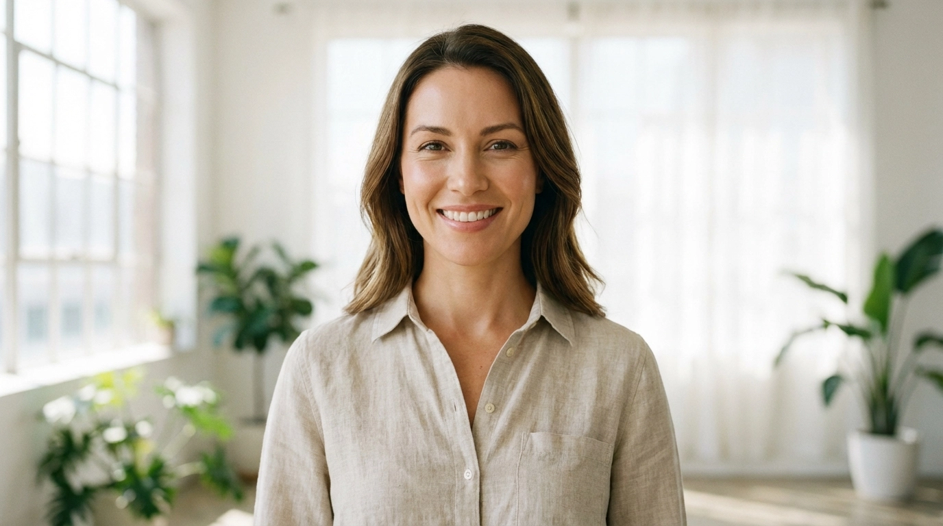 Confident professional woman with natural makeup in a bright, minimalist setting.