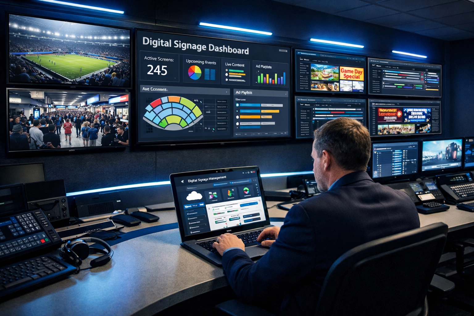 Sports stadium control room managing centralized digital signage across multiple venues