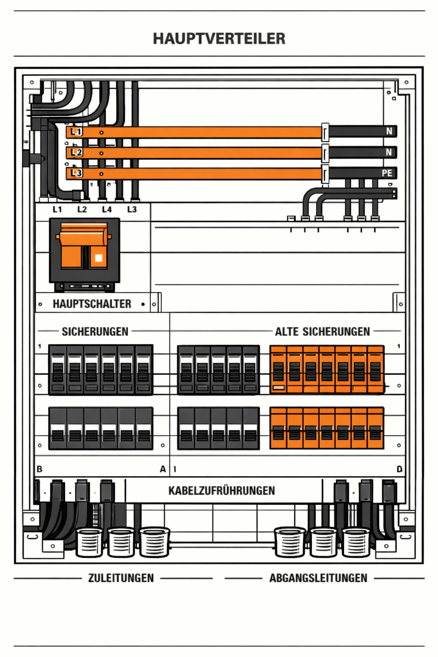 Hauptverteiler mit Sicherungen und Stromschienen zeigt Infrastruktur-Engpässe in Altbauten