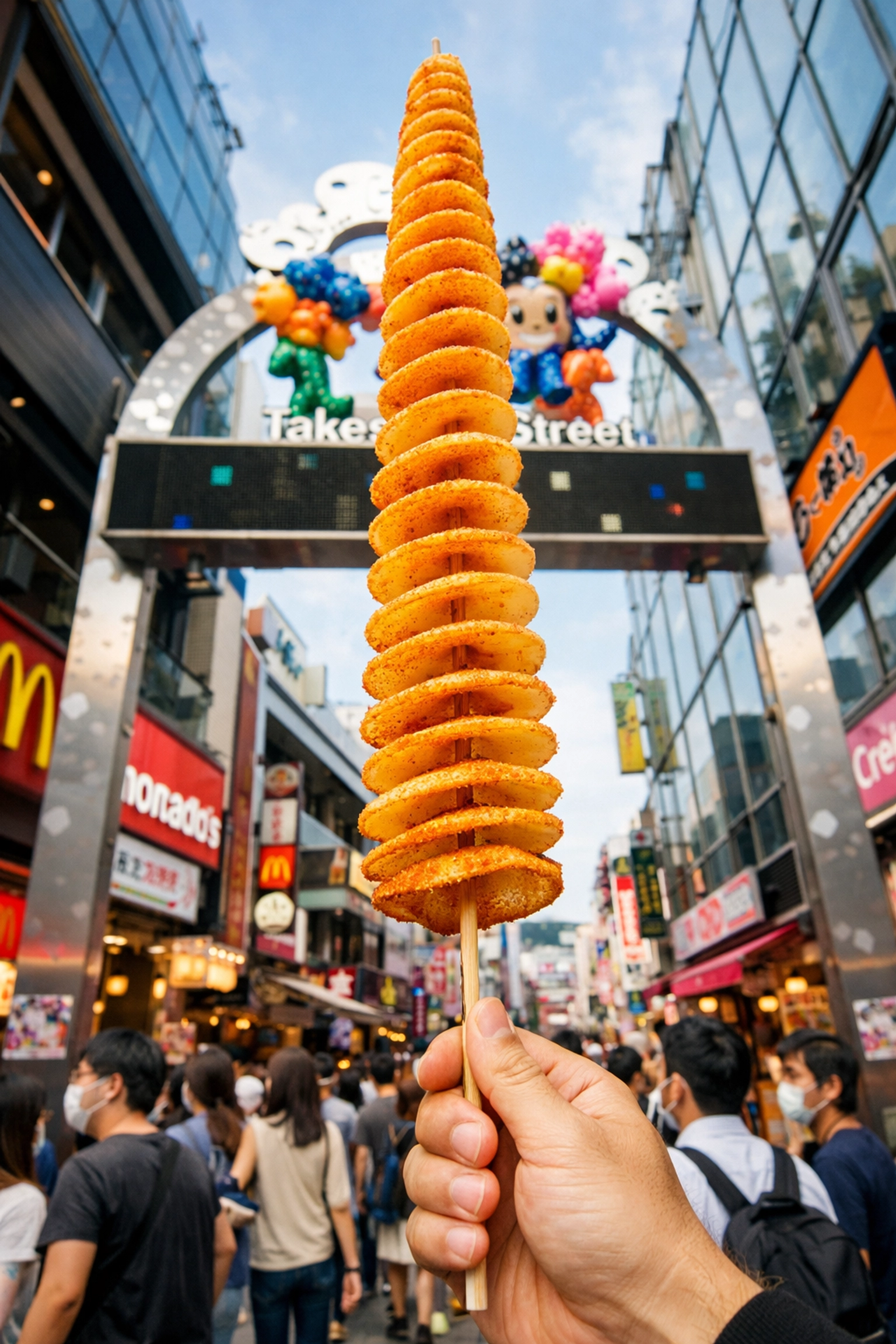 A long, spiraled fried tornado potato snack on a skewer in Takeshita Street, Tokyo.
