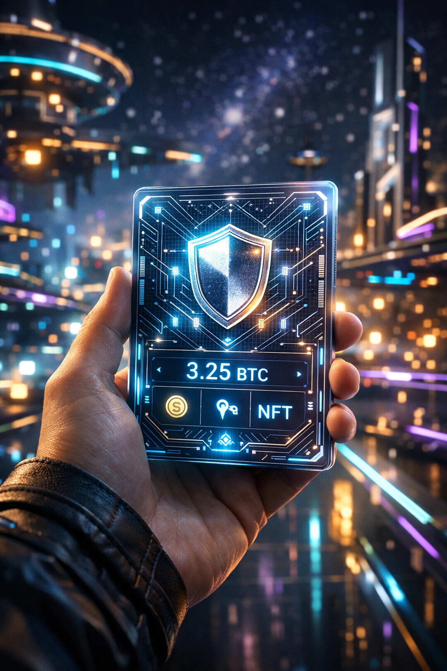 Holographic secure crypto wallet interface showing self-custody payments in a futuristic metaverse city.