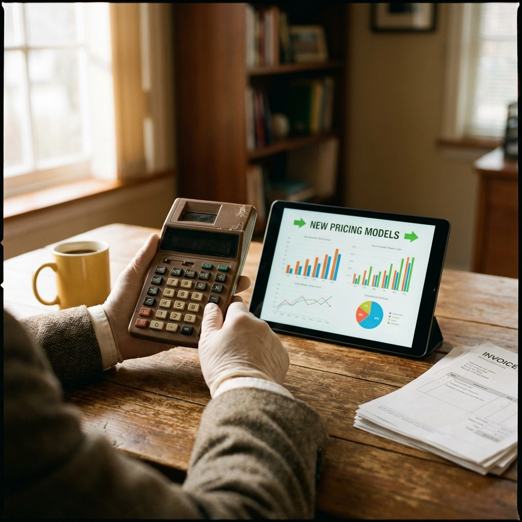 Business owner comparing old calculator and tablet with financial charts, showing MSP pricing model updates