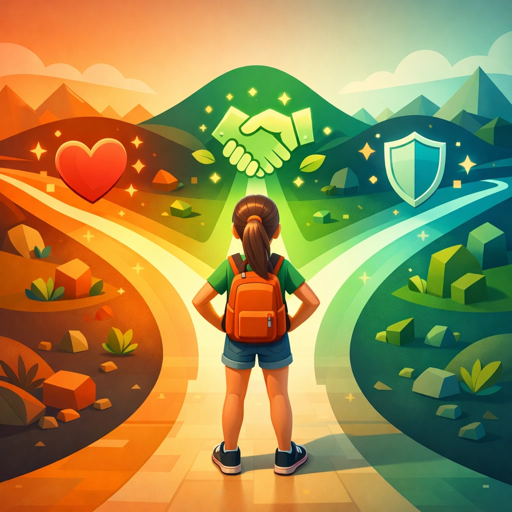 Teen choosing life skills pathways representing empathy, teamwork, and resilience