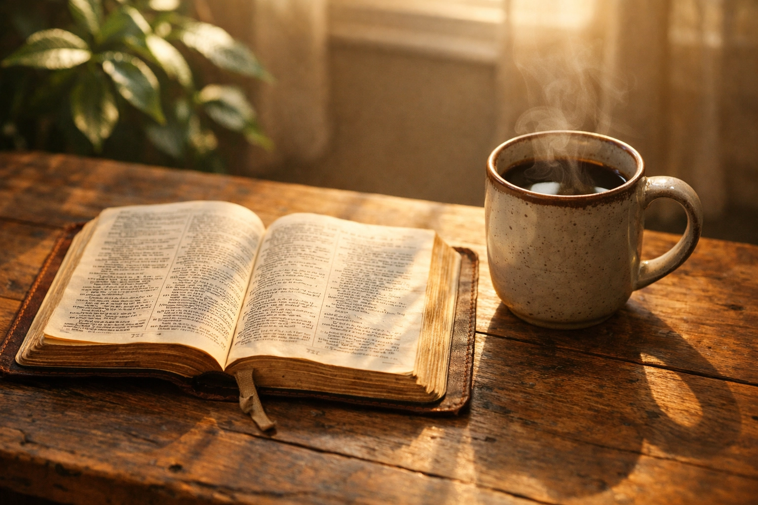 Open Bible and coffee on a sunlit table, representing holy boundaries and spiritual focus over daily news.
