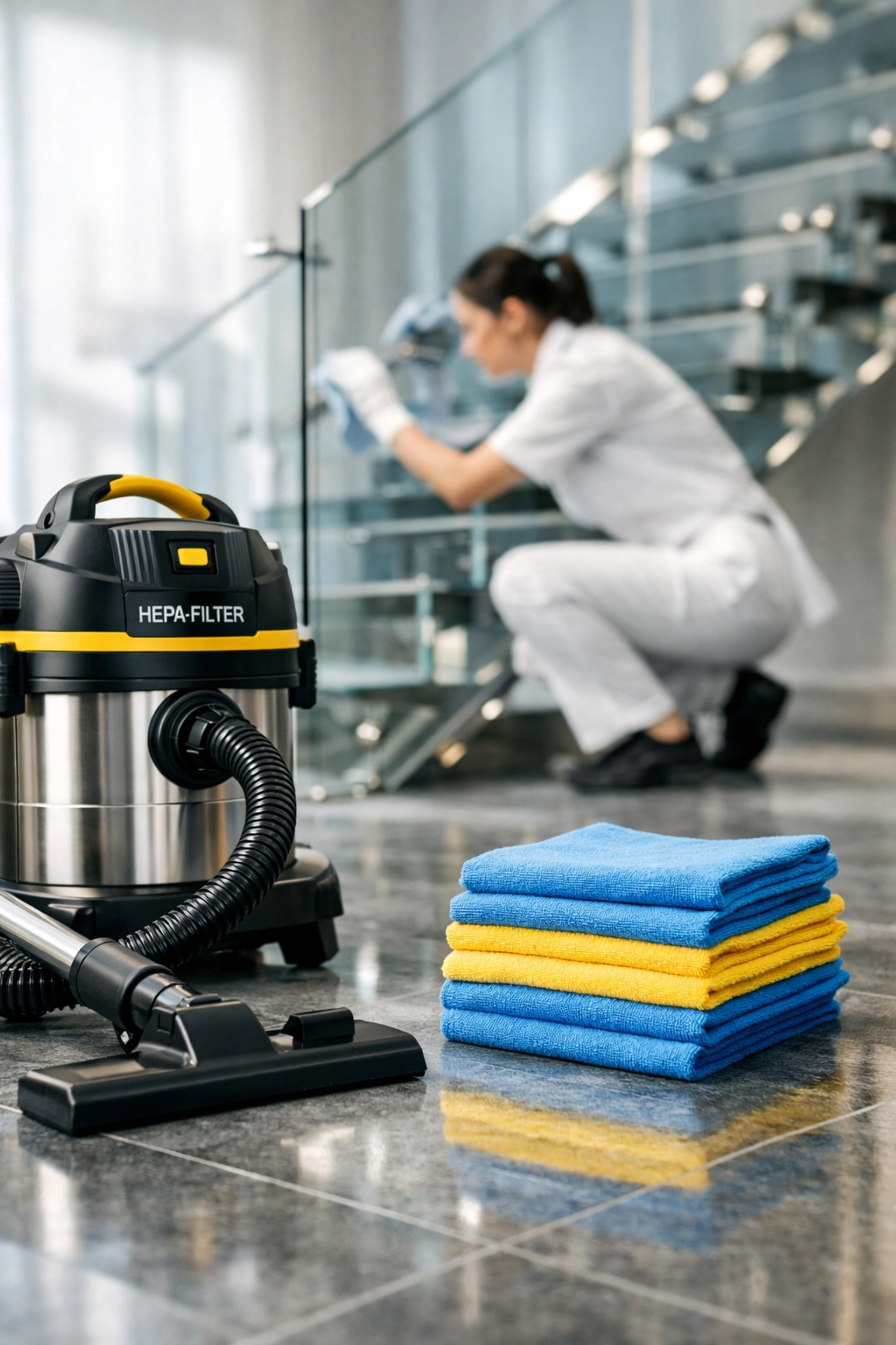 Industrial HEPA vacuum and microfiber cloths ready for expert post-construction cleaning in MA.