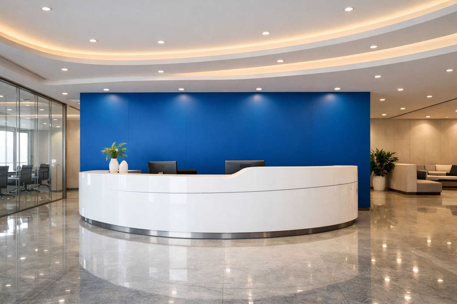Spotless modern office lobby and reception area in Holliston with polished floors and professional lighting.