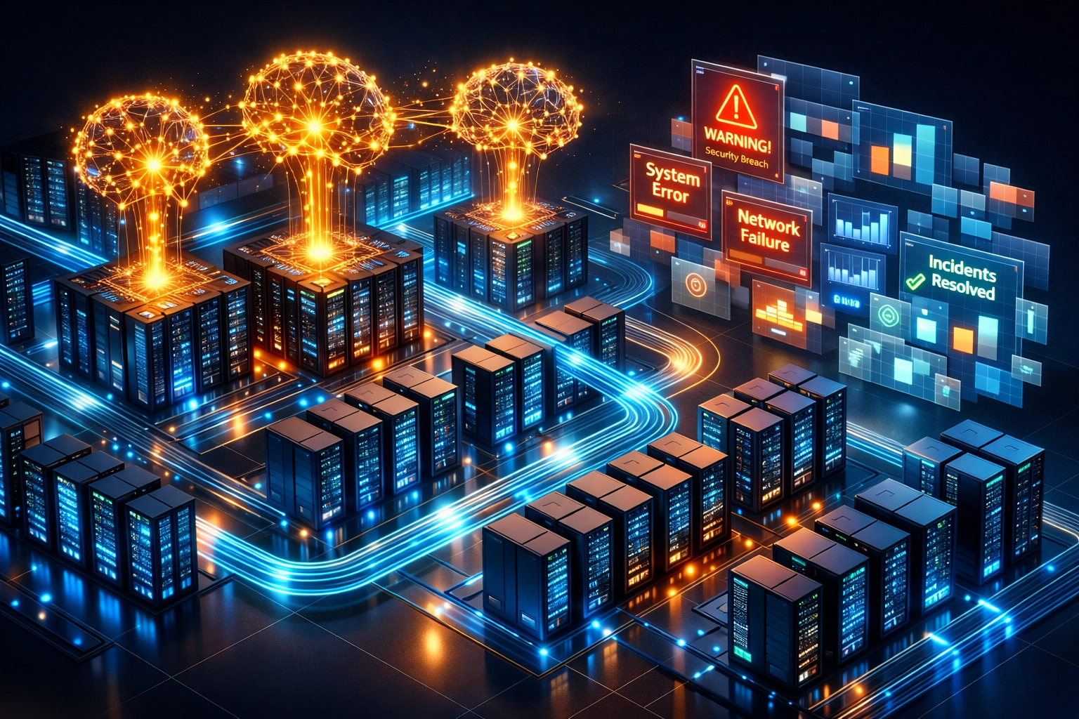AIOps-powered data center showing ITOM alert correlation and autonomous operations infrastructure