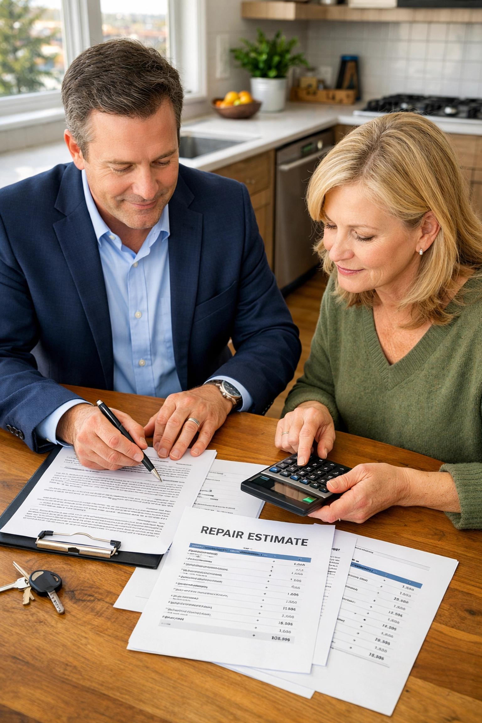 Homeowner reviewing repair cost estimates with real estate agent