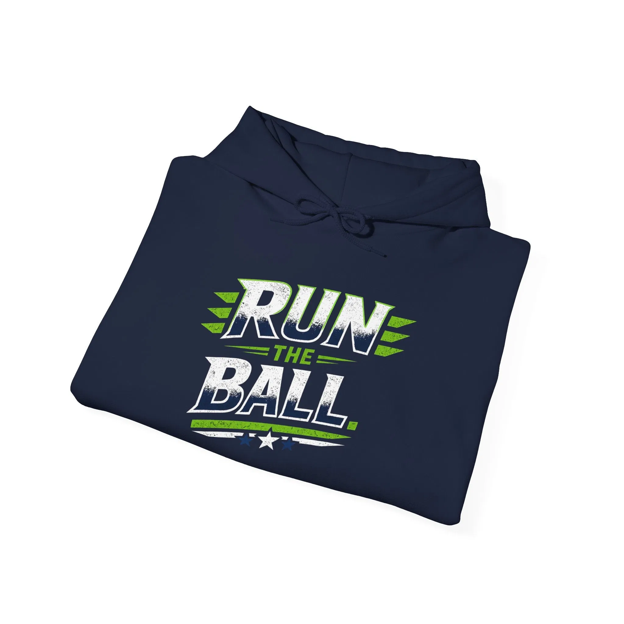 Navy blue hoodie with bold, distressed white and green 'RUN THE BALL' text