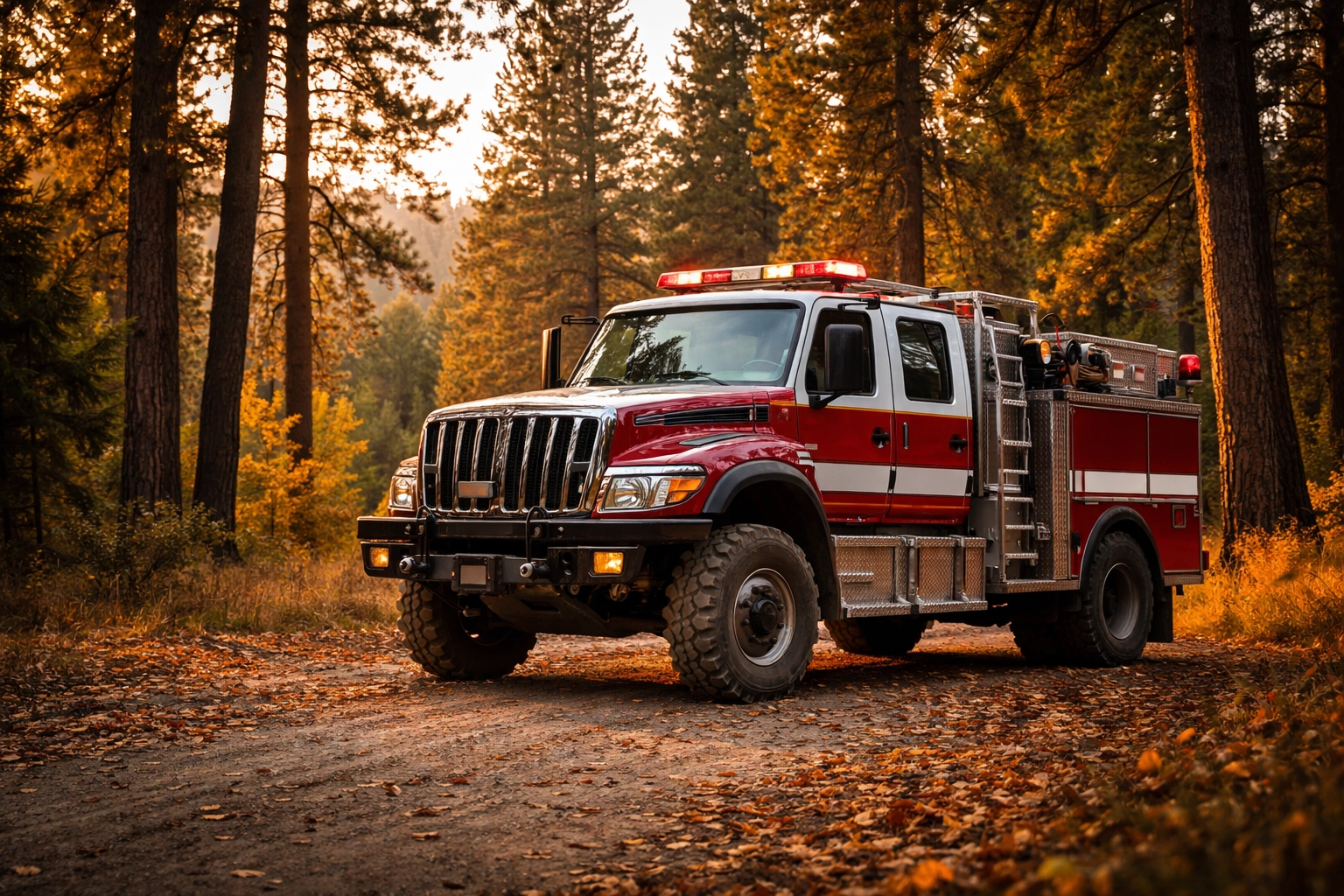Wildland fire engine parked in autumn forest clearing representing seasonal recruiting timing