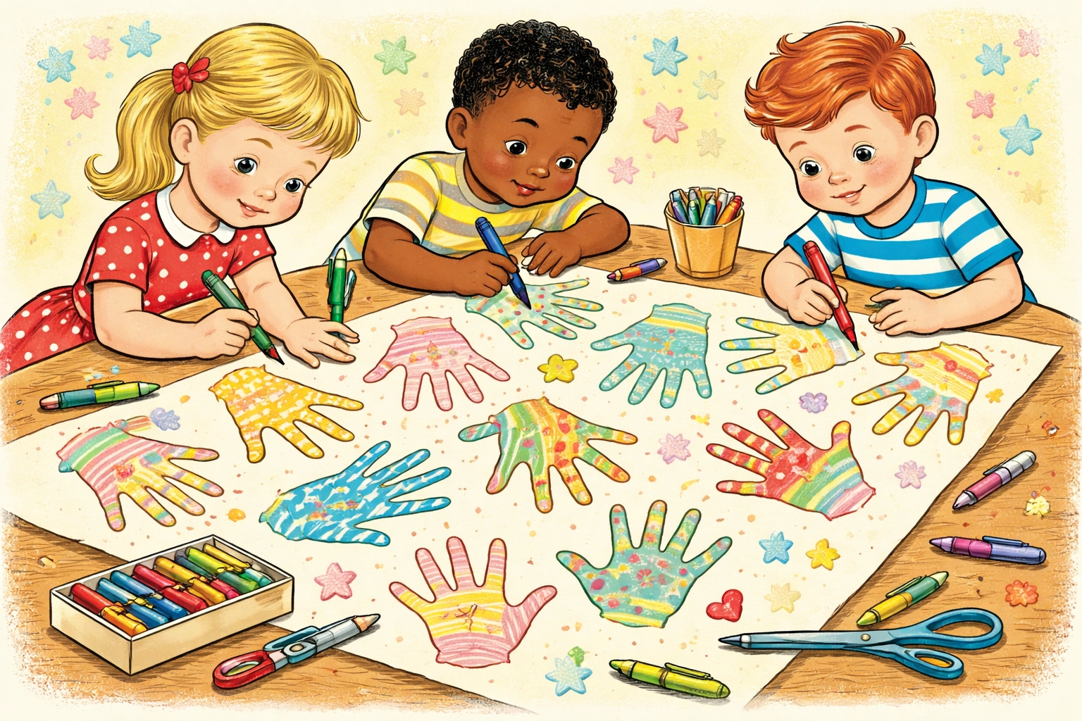 Colorful hand outlines being decorated with markers and crayons for a kids' poster activity
