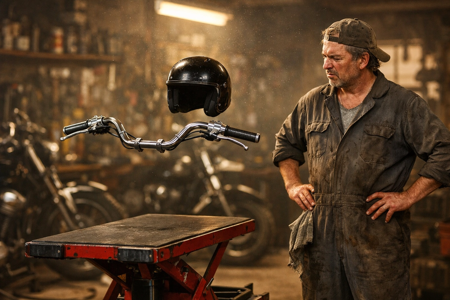 A mechanic looking at an invisible ghost motorcycle in a workshop for April Fools.