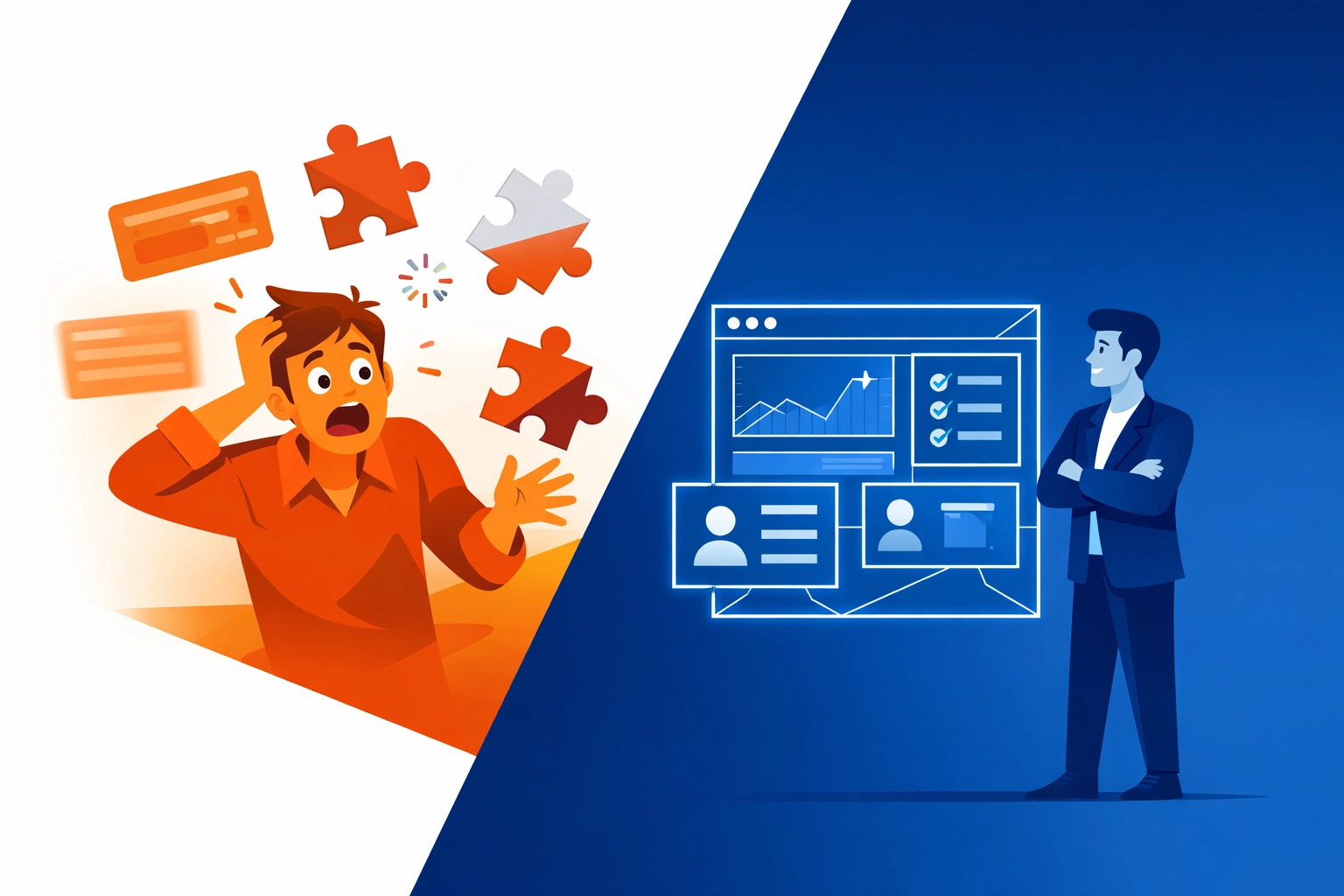 Comparison of a frantic content janitor and a strategic architect managing customer education assets.