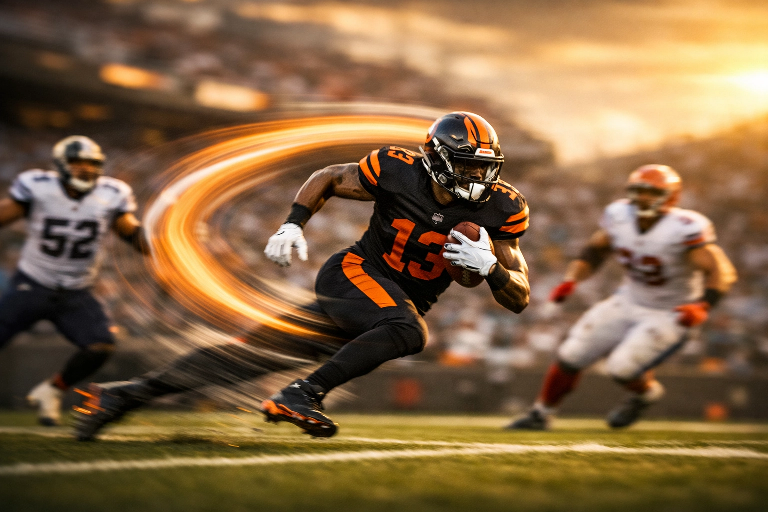 Receiver executing boomerang motion as defenders react during pre-snap phase