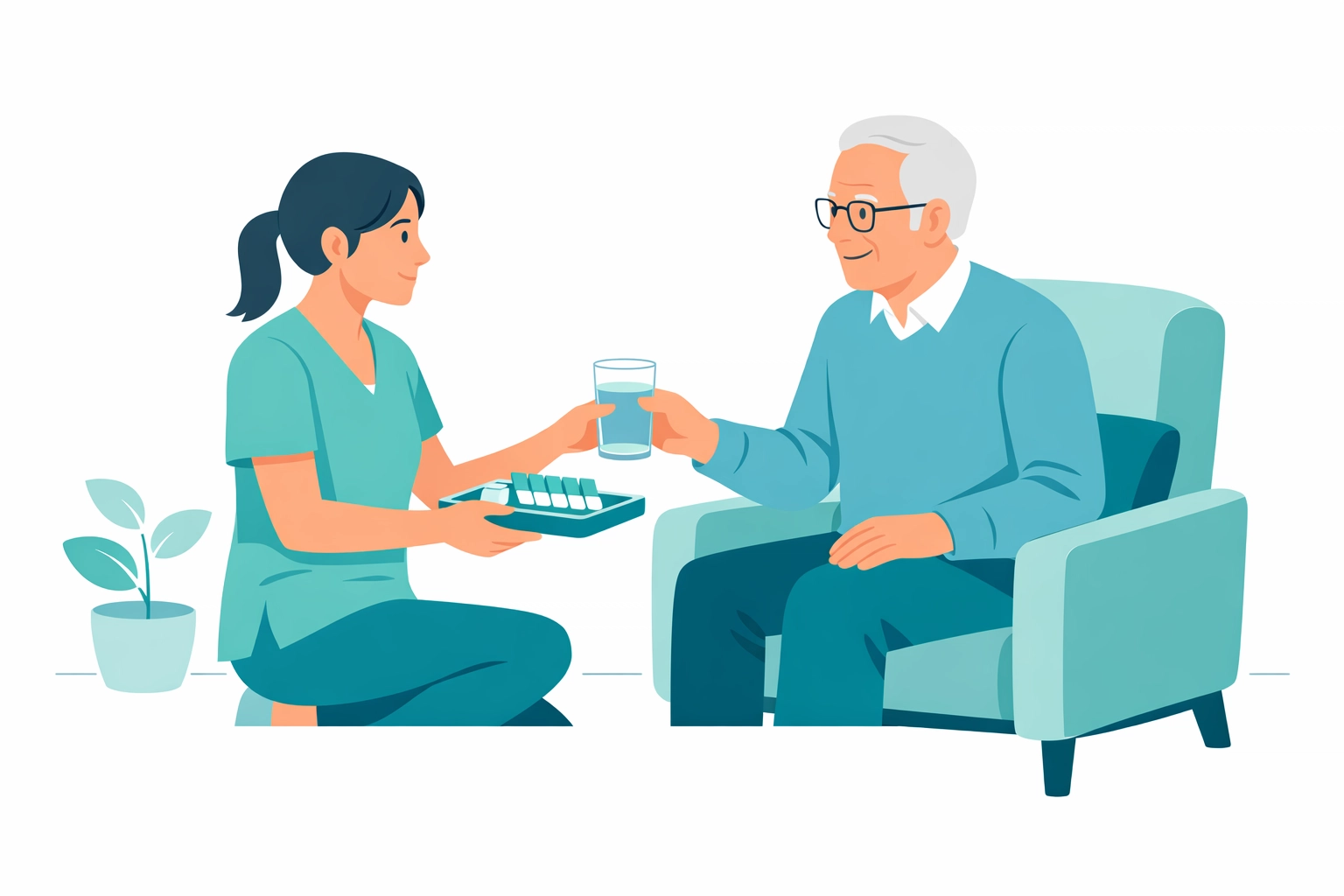 A senior receives medication reminders and personal care services from a professional in-home caregiver.