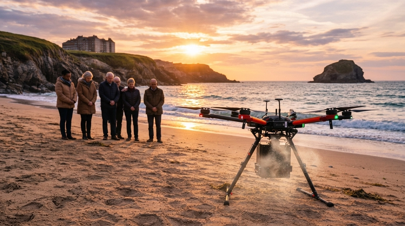 A serene drone ash scattering ceremony at Portreath Beach Cornwall with Gull Rock in the background