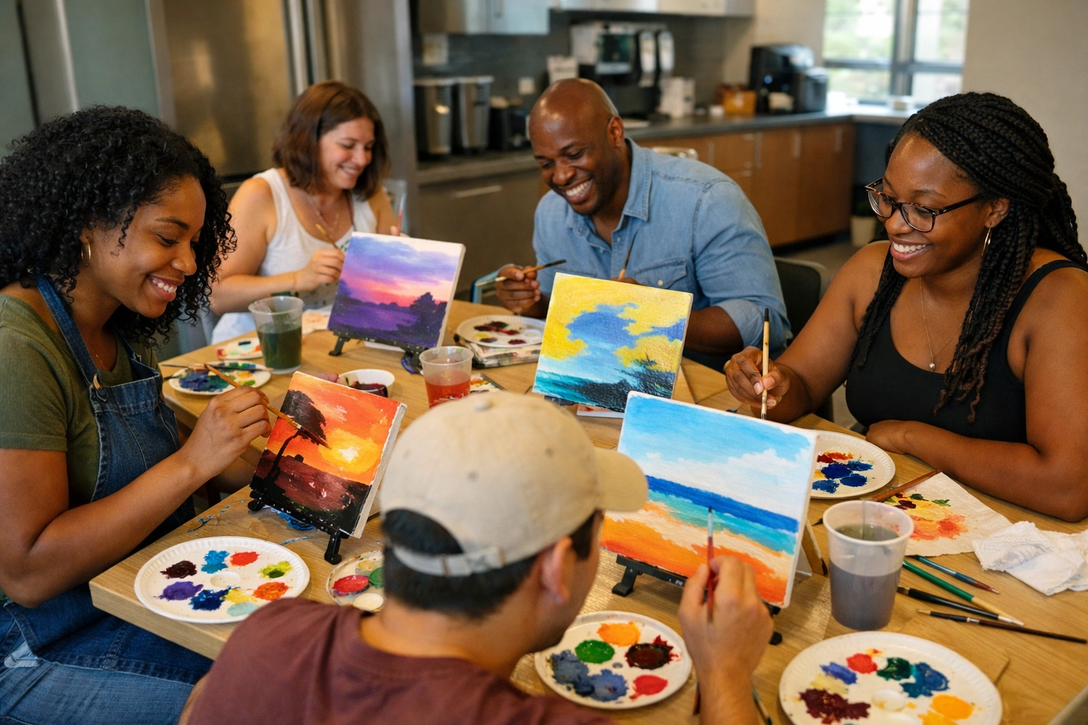 Candid mobile canvas painting workshop with friends in the DMV