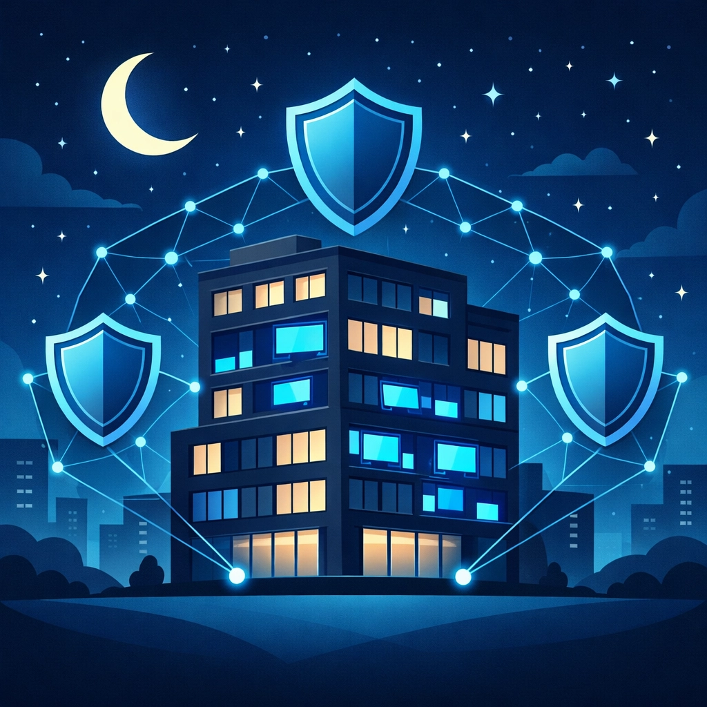 24/7 IT monitoring and cybersecurity protecting business systems at night
