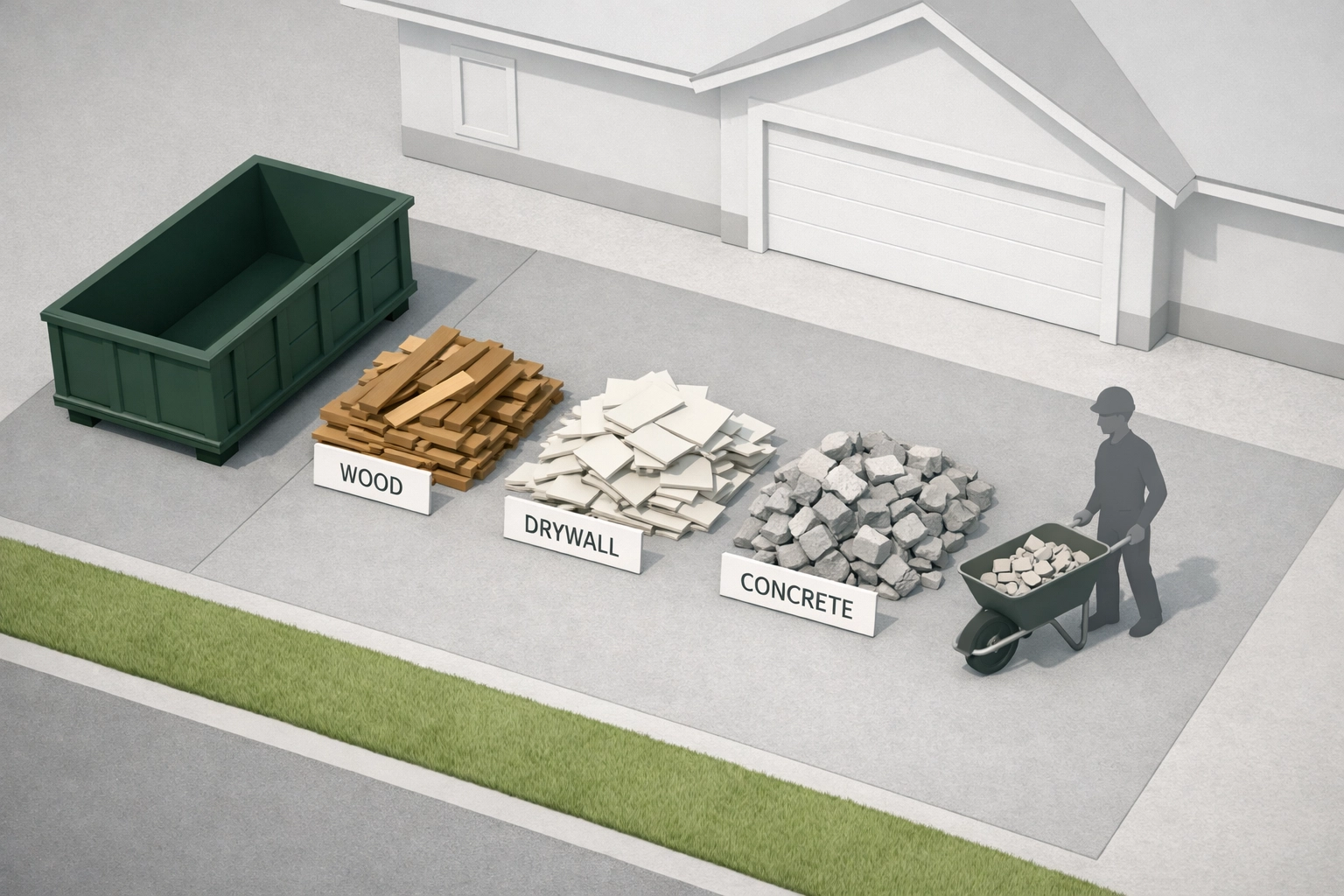 Organized demolition debris removal with dumpster and sorted construction waste materials