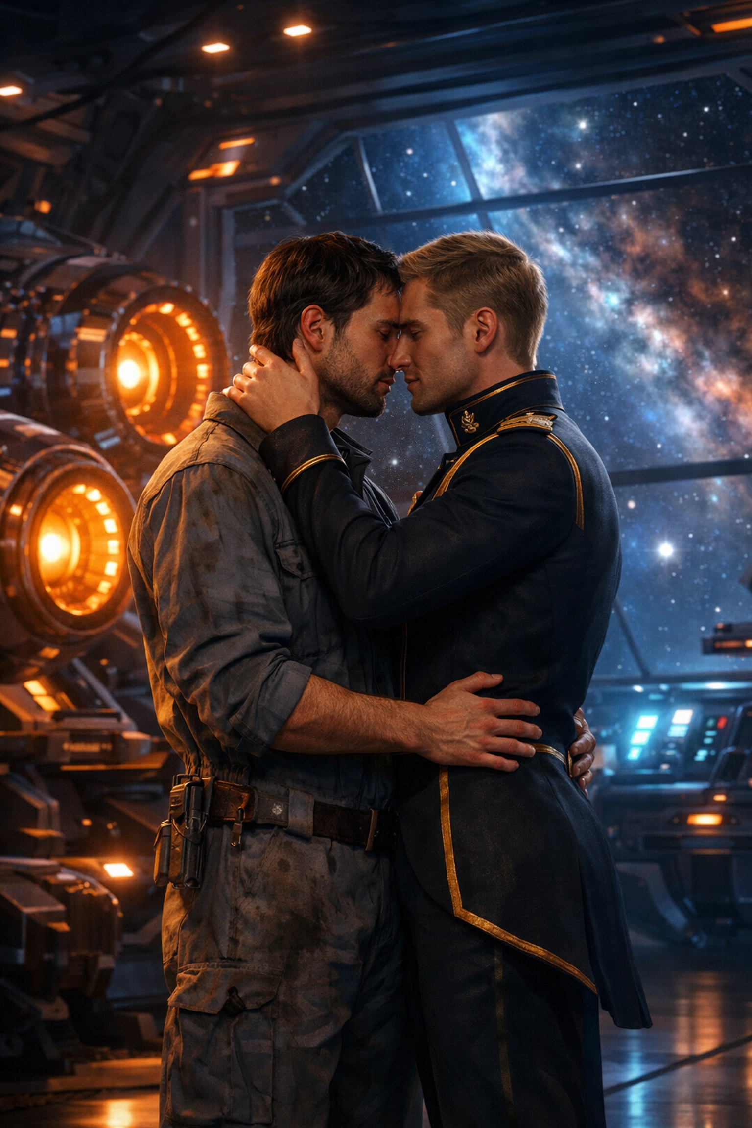 MM romance sci-fi: mechanic and diplomat embrace in starship hangar with glowing engines and starlight