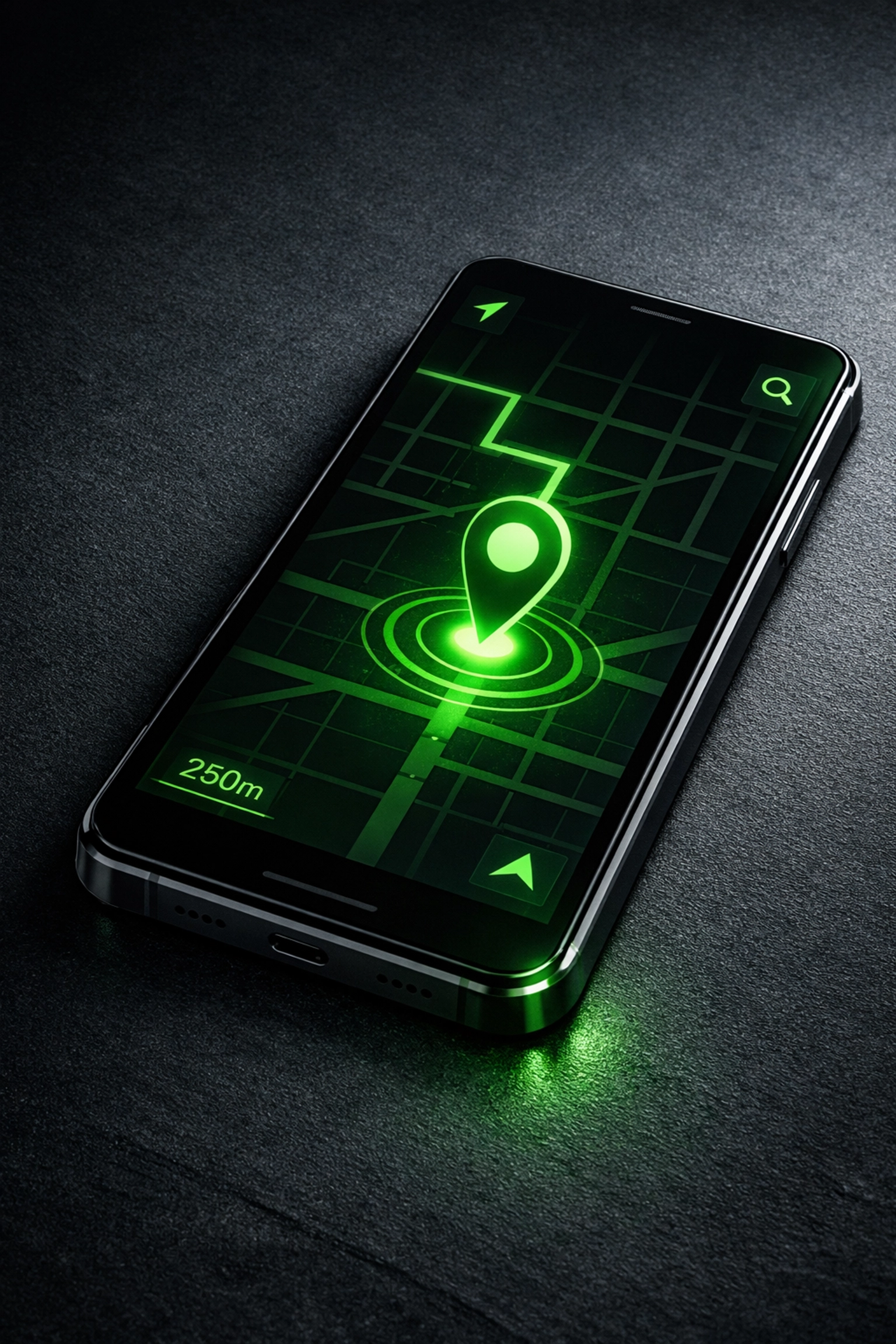 Smartphone with a GPS map location pin optimized for local towing Houston searches.