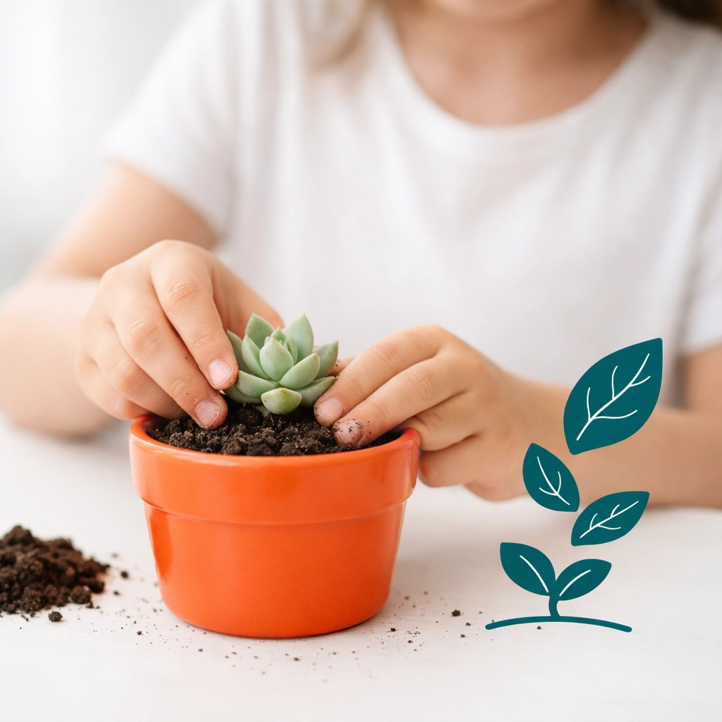 A young girl focused on planting a succulent, illustrating step-by-step habit formation for kids.