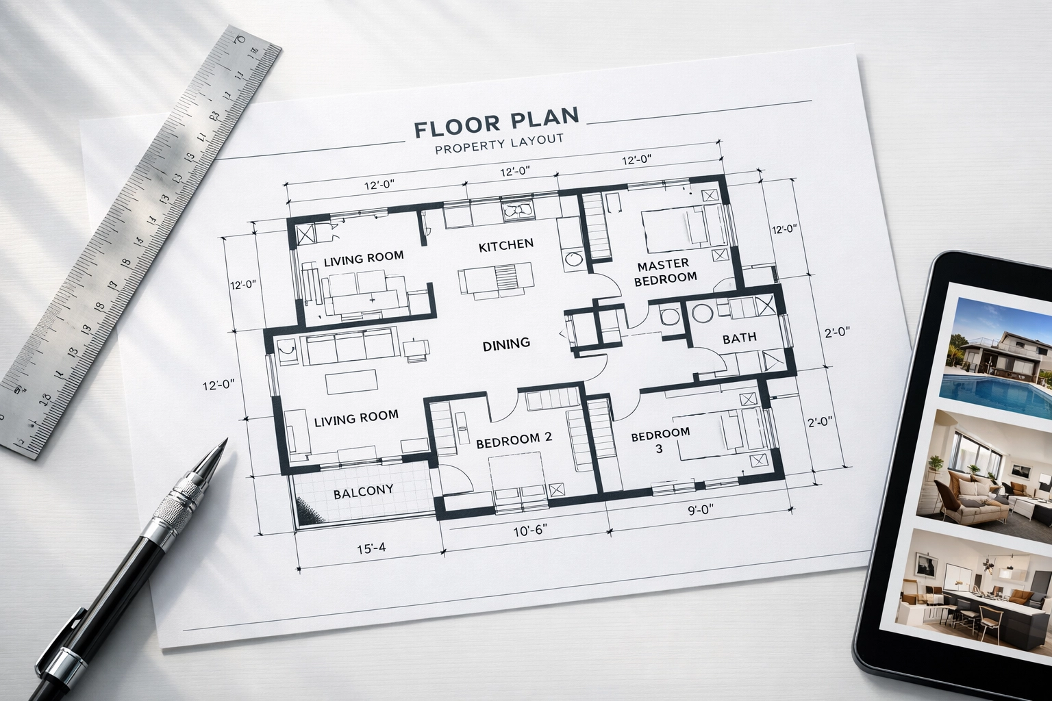 Professional real estate floor plan with measurements and architectural tools on desk