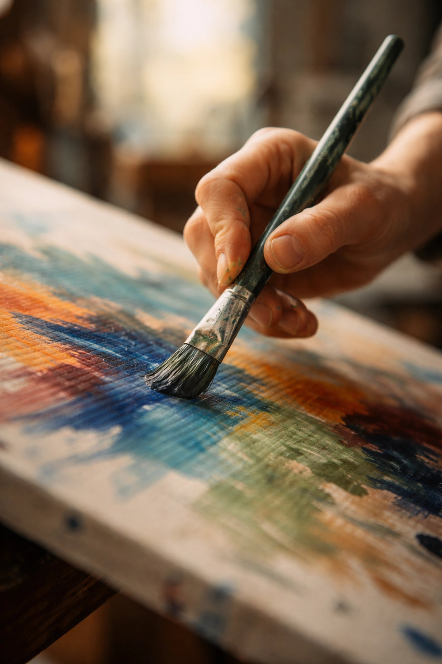 Close-up of hands painting on canvas, demonstrating creative process and flow in workplace art