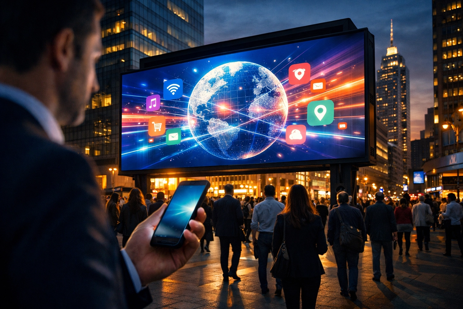 Digital billboard in a city plaza with a commuter using a smartphone for DOOH audience data tracking.