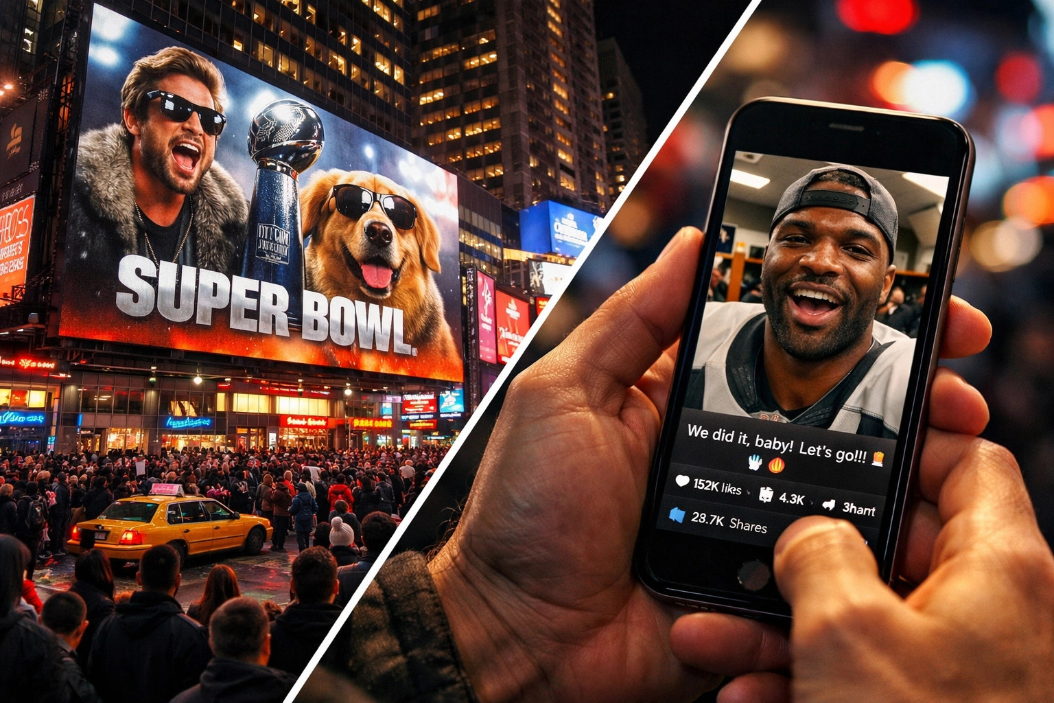 Super Bowl billboard advertisement compared to athlete-generated NIL content on smartphone