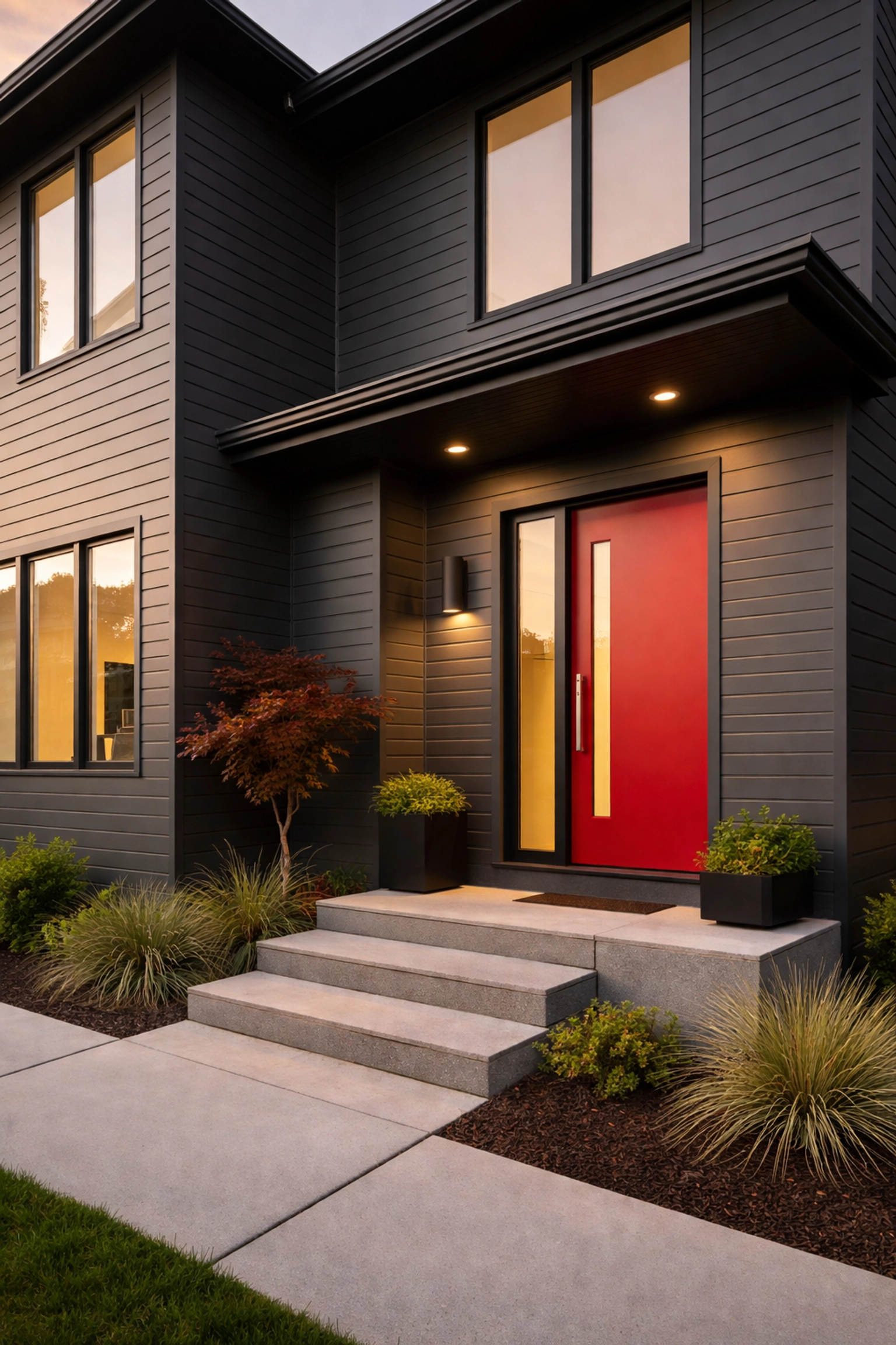 Contemporary Chattanooga home with fiber cement siding, black-framed windows, and bold red door for maximum curb appeal and efficiency.