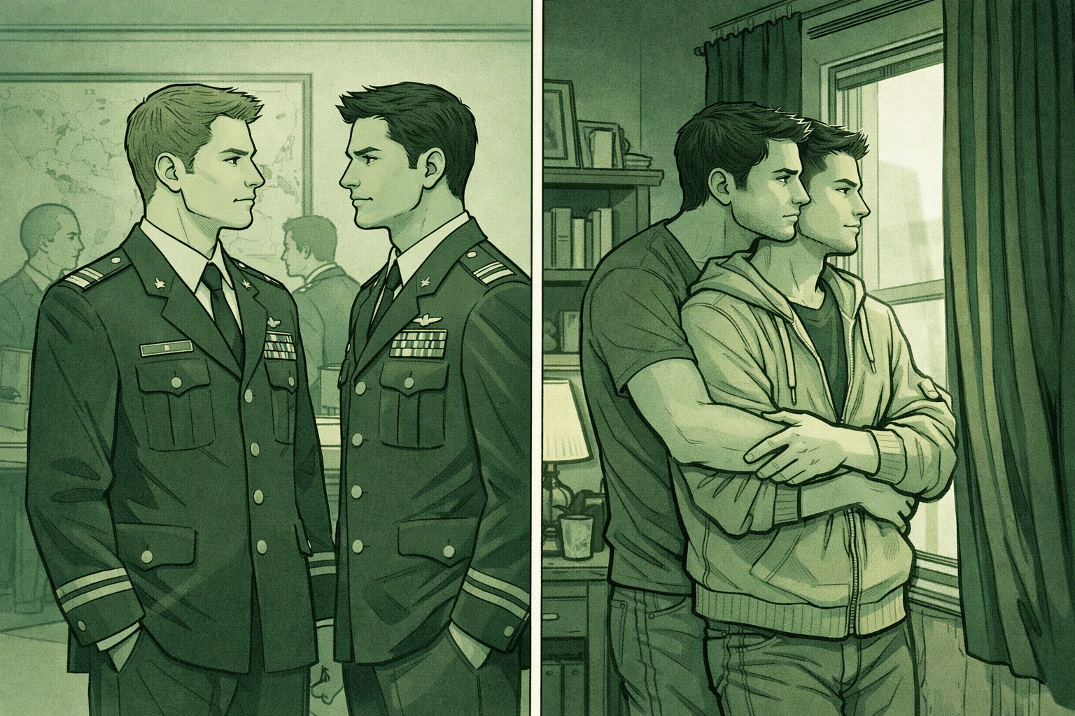 MM military romance: officers maintaining professional distance in public, embracing privately at home