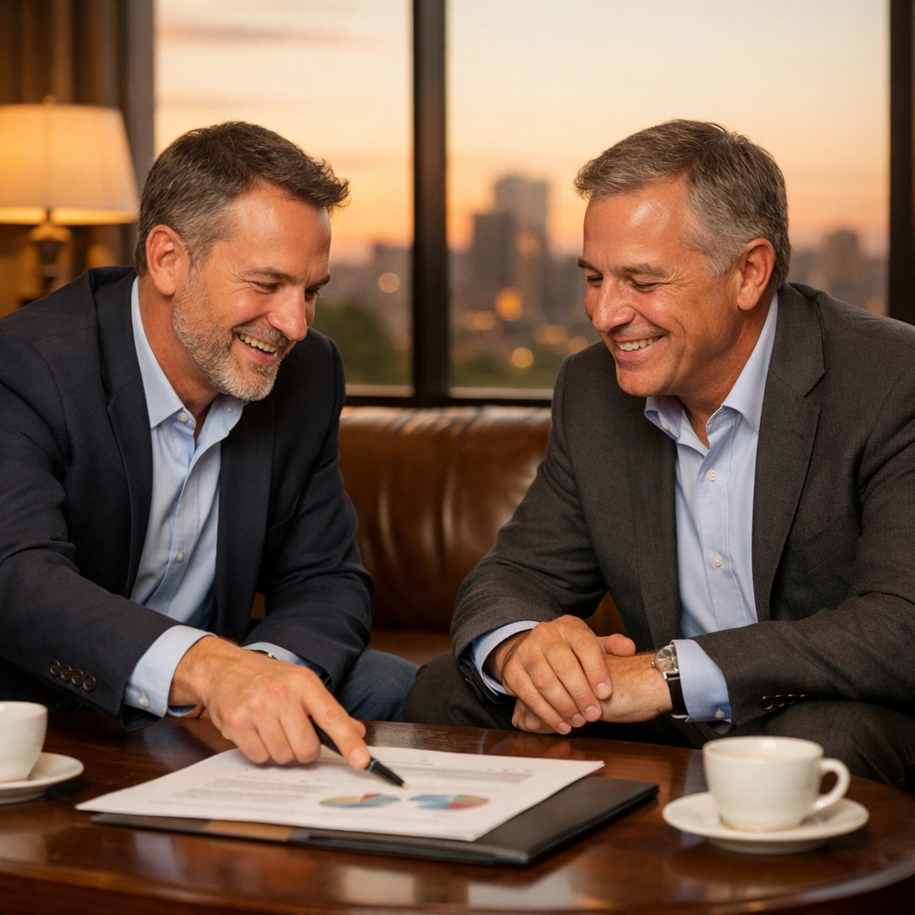 Trusted advisors discussing split dollar life insurance and executive retention strategies in a professional office.