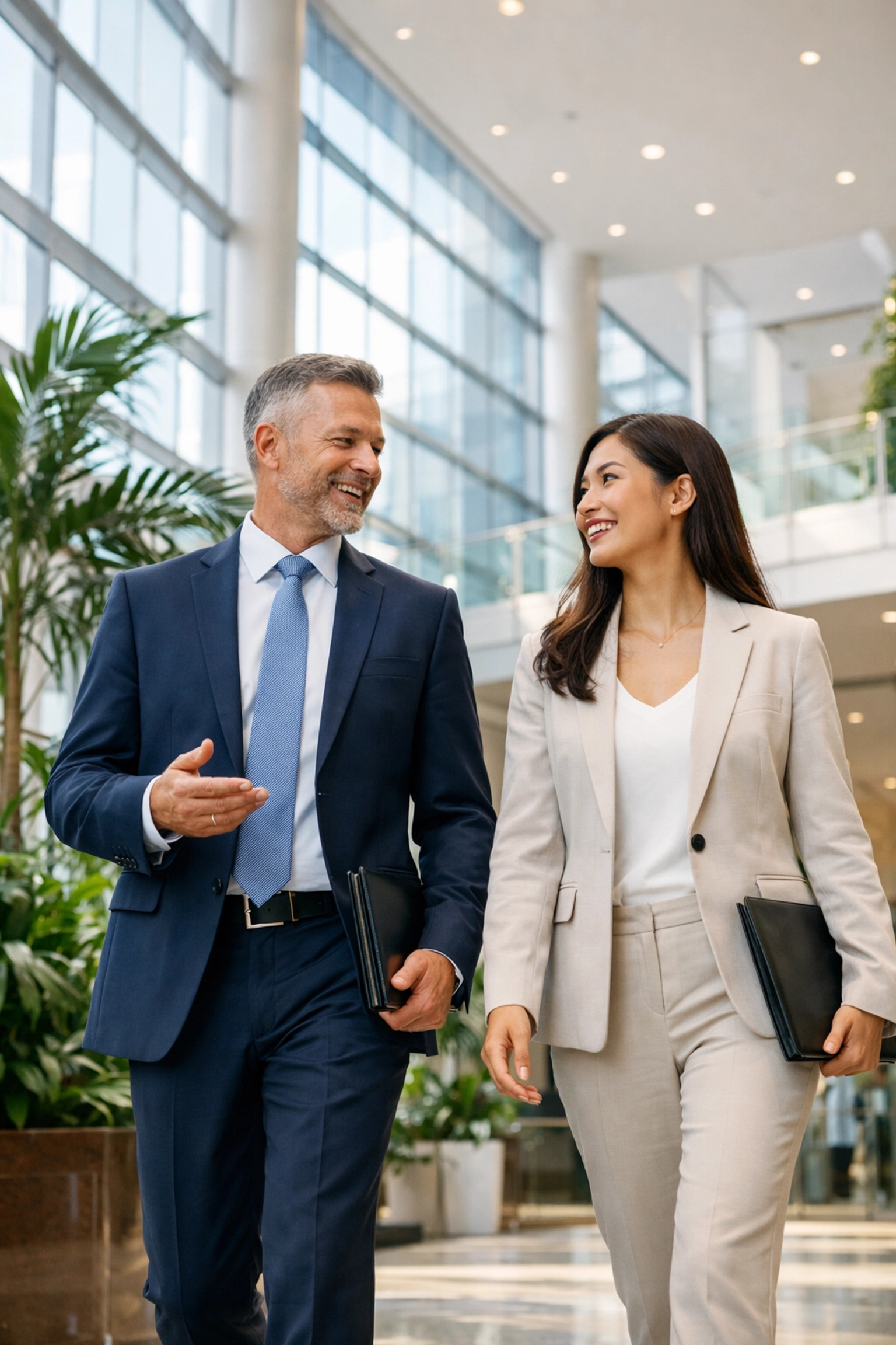 NEWSLETTER: The Ultimate Guide to High-Stakes Super Bowl Travel Management: Everything You Need to Succeed Business partners collaborating in a bright corporate atrium for event strategy.