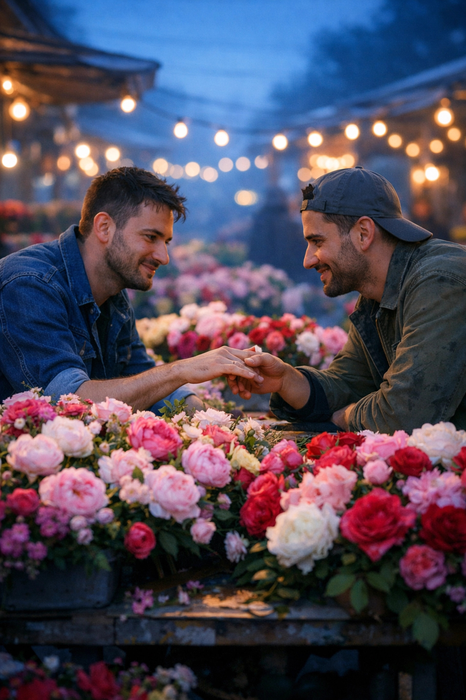 Two gay florists sharing romantic moment at early morning flower market surrounded by roses