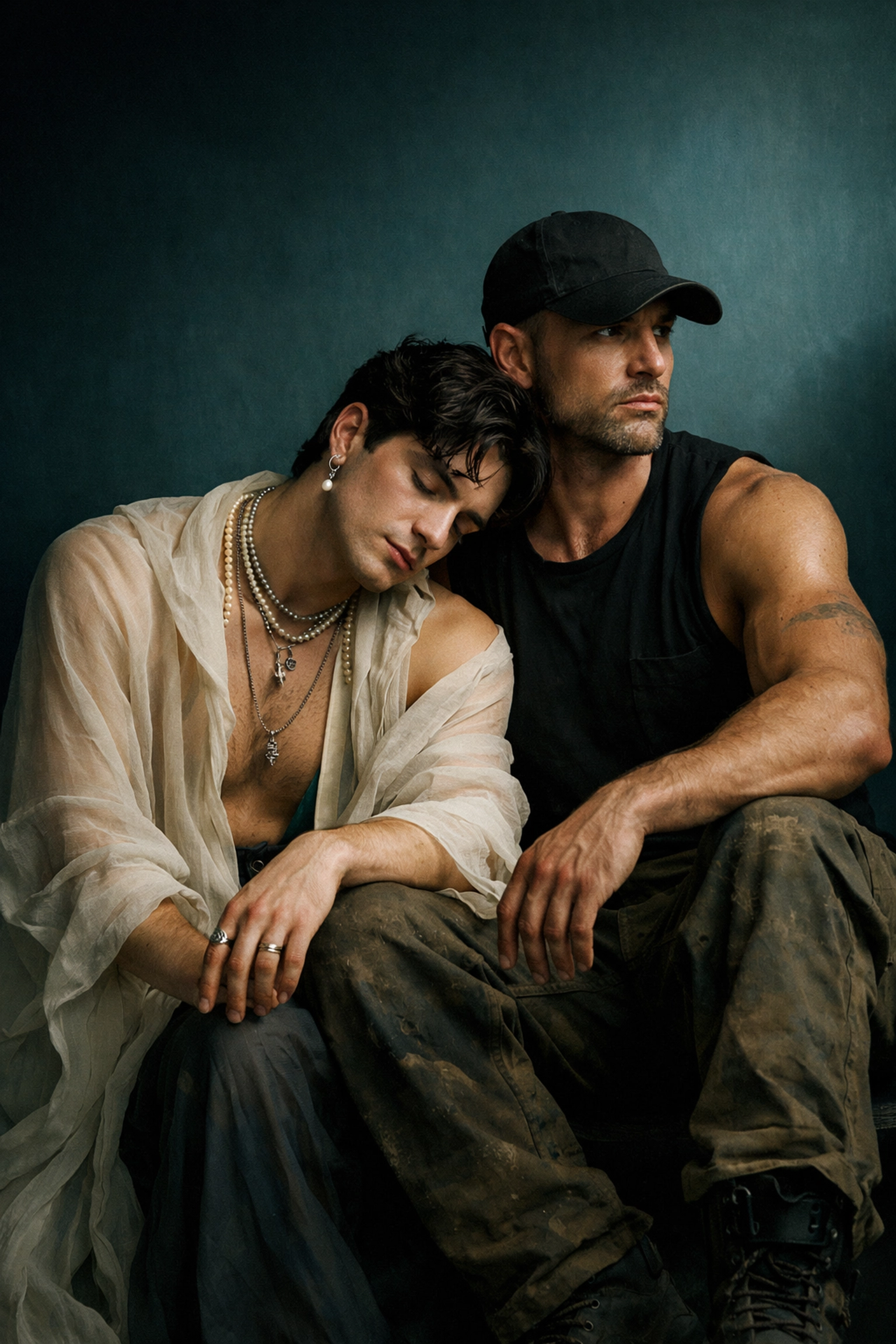Two men displaying contrasting gay fashion styles showing fluidity in masculine expression