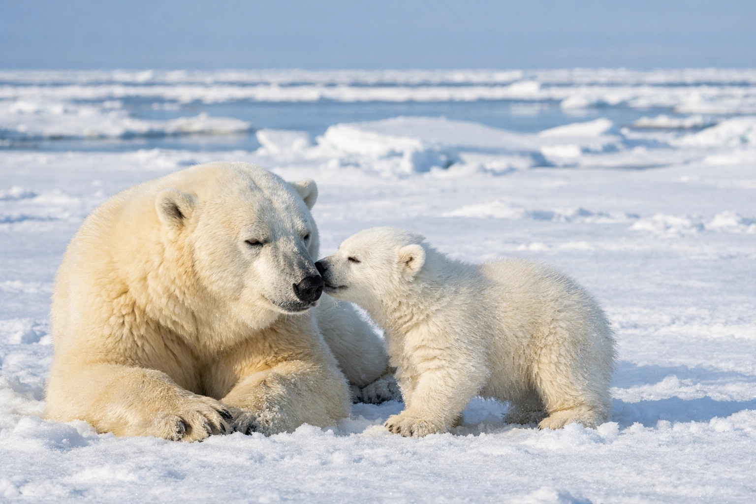 Polar bear mother and cub on Arctic ice, illustrating emotional wildlife storytelling and conservation.