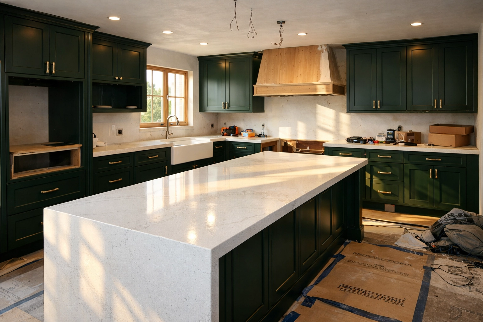 Luxury kitchen installation featuring bespoke green cabinetry and white quartz countertops.