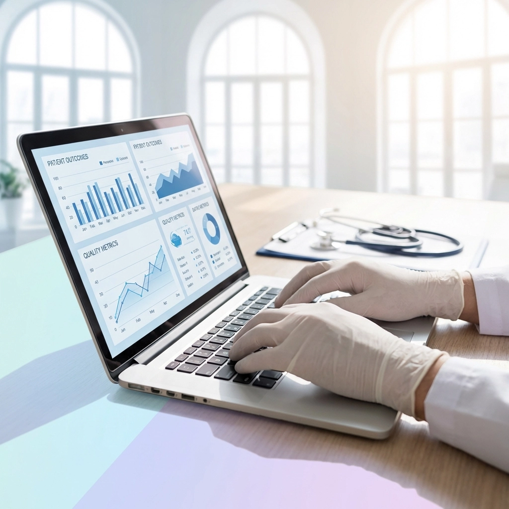 Close-up of medical staff entering ASC quality metrics and compliance data for CMS reporting