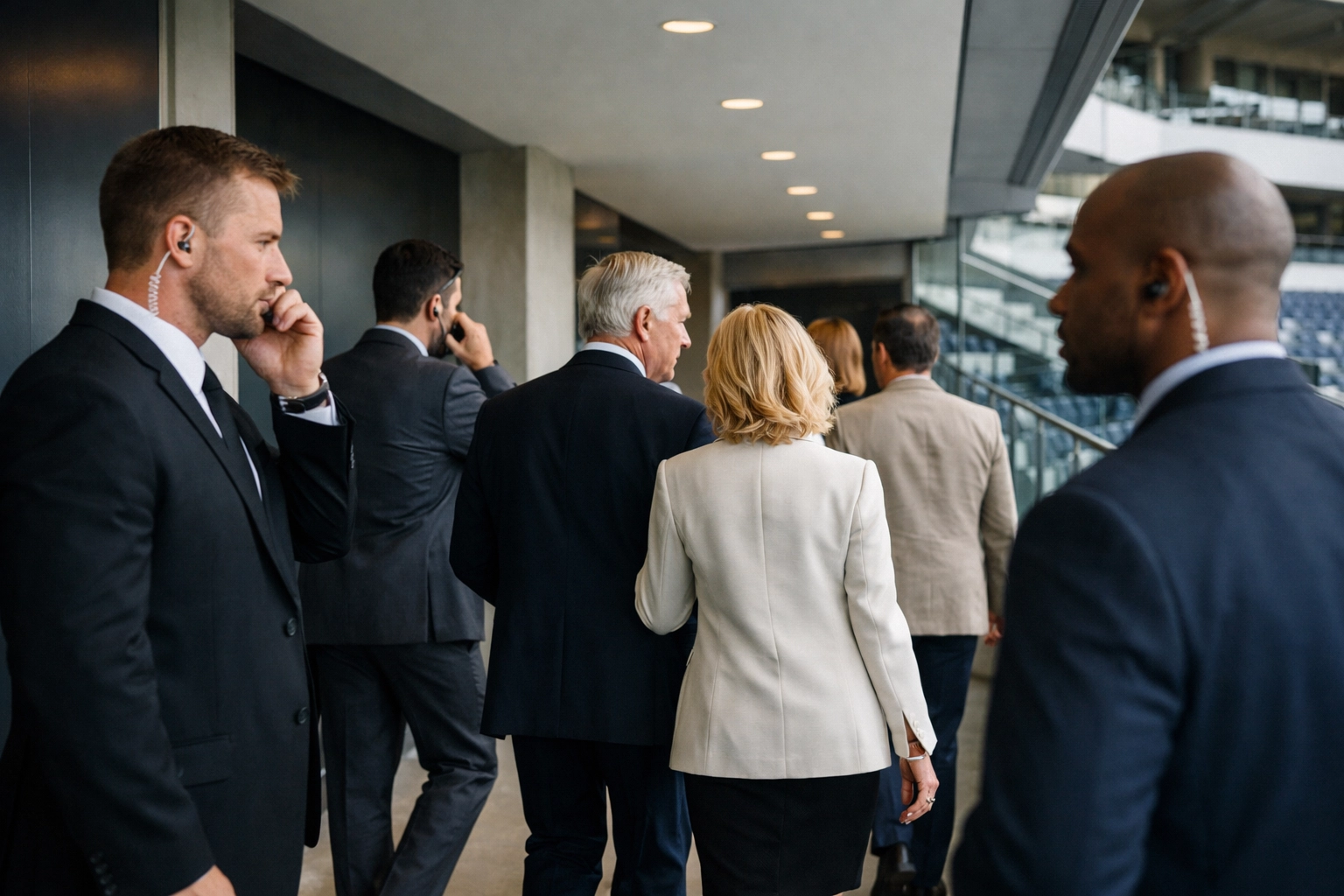 Professional security detail protecting VIP executives at Super Bowl corporate event