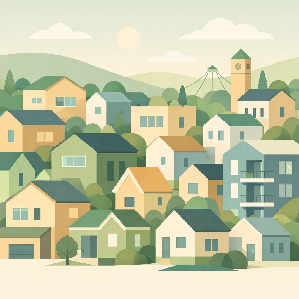 Stylized neighborhood illustration representing a surge in Spokane real estate inventory this spring.