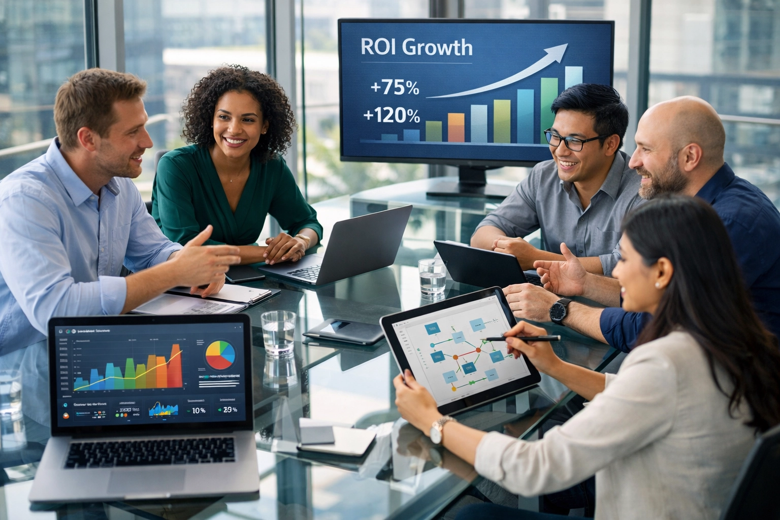 ServiceNow consulting team analyzing ROI dashboards and workflow analytics in collaborative strategy session