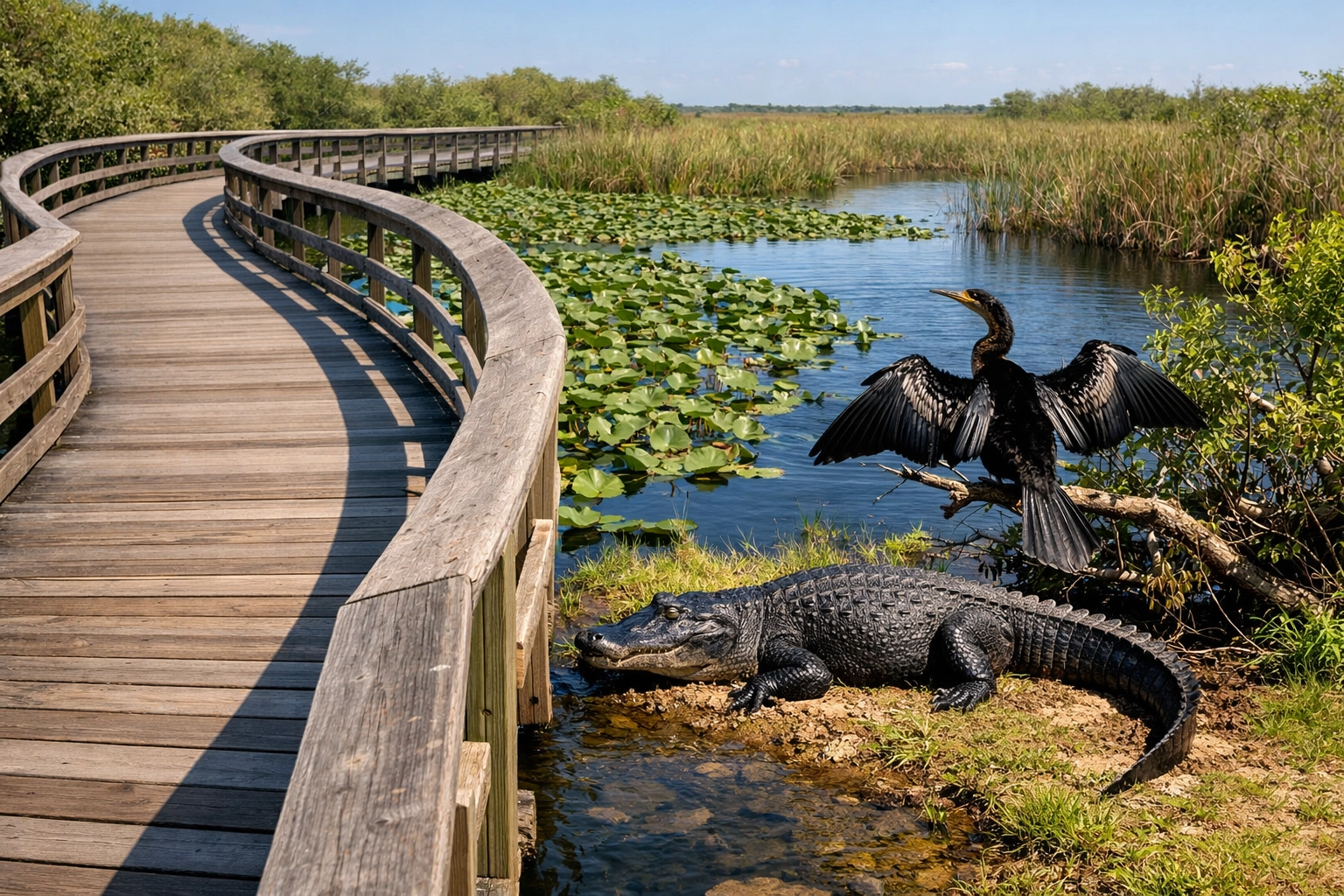 The Ultimate Guide to Everglades Wildlife Photography: Everything You Need to Succeed 2 An alligator and anhinga bird near the boardwalk at Anhinga Trail, a top Everglades photography location.