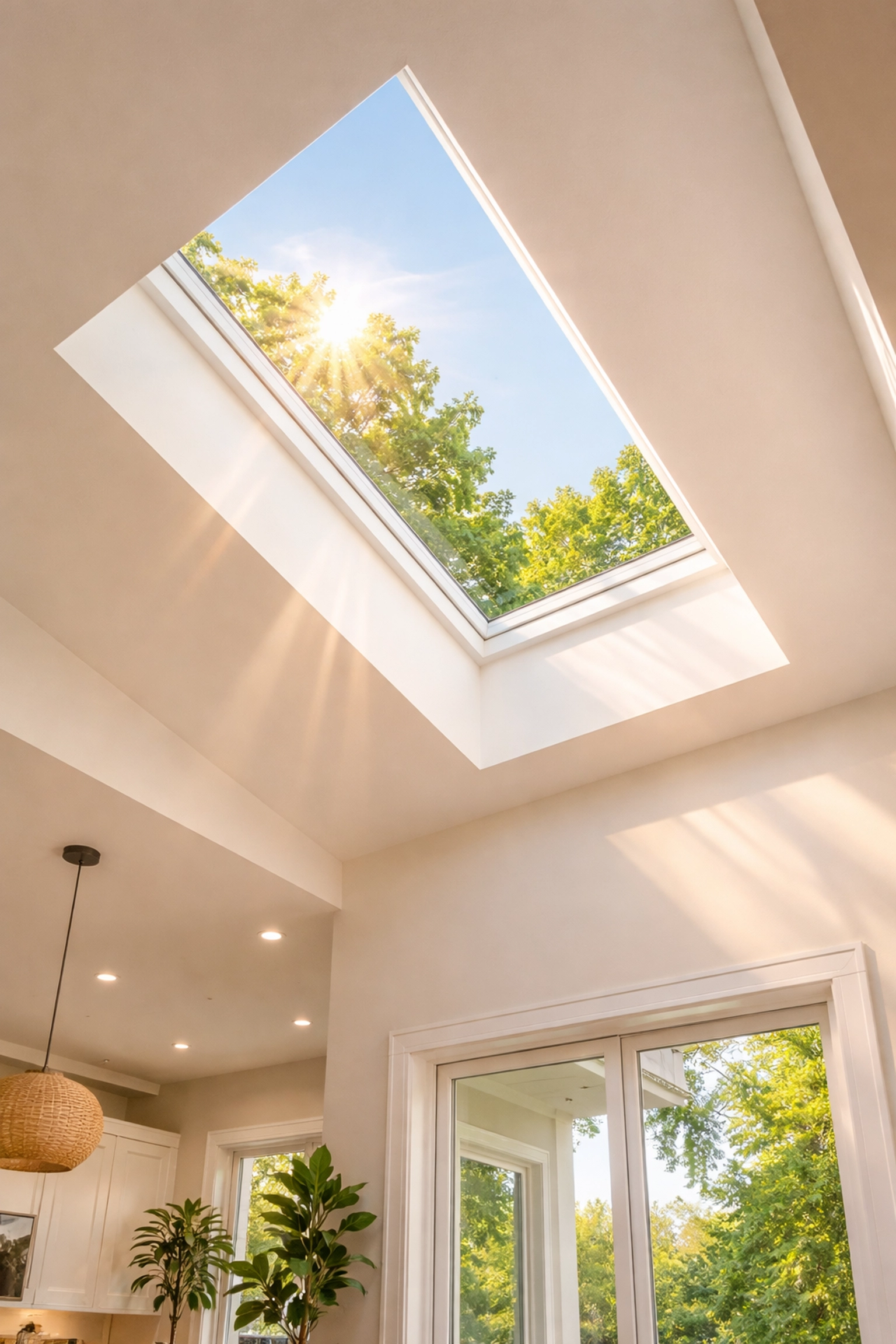 Interior view of a Charlotte home with a professionally installed skylight bringing natural light into the room.