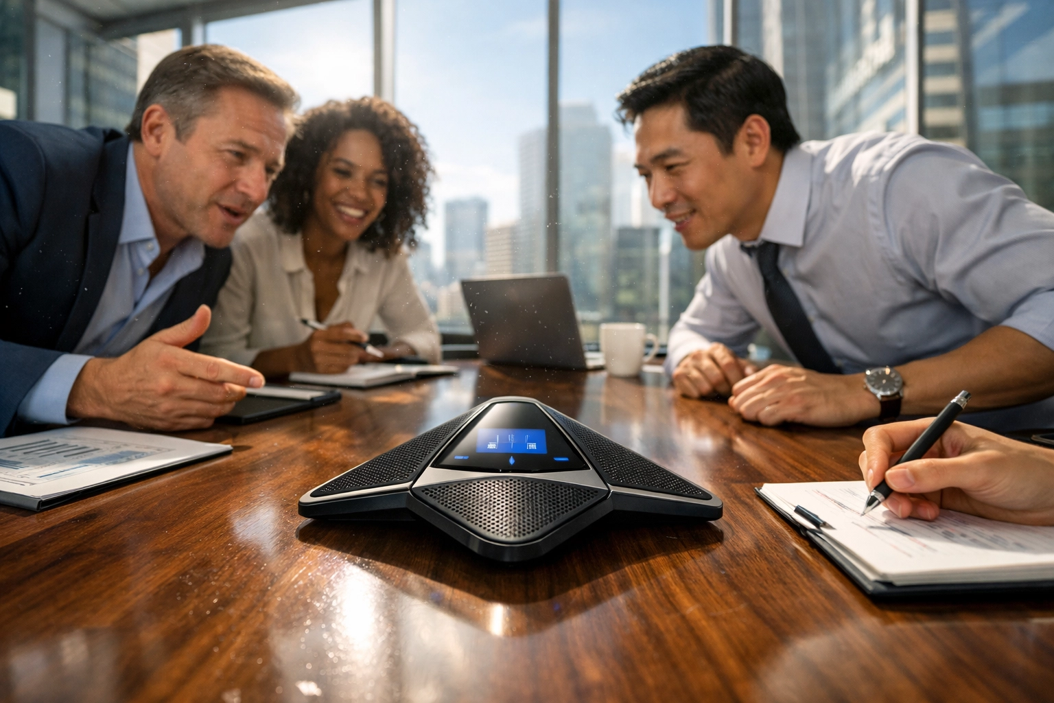 Business team using a conference phone in a modern boardroom to manage professional office communication.
