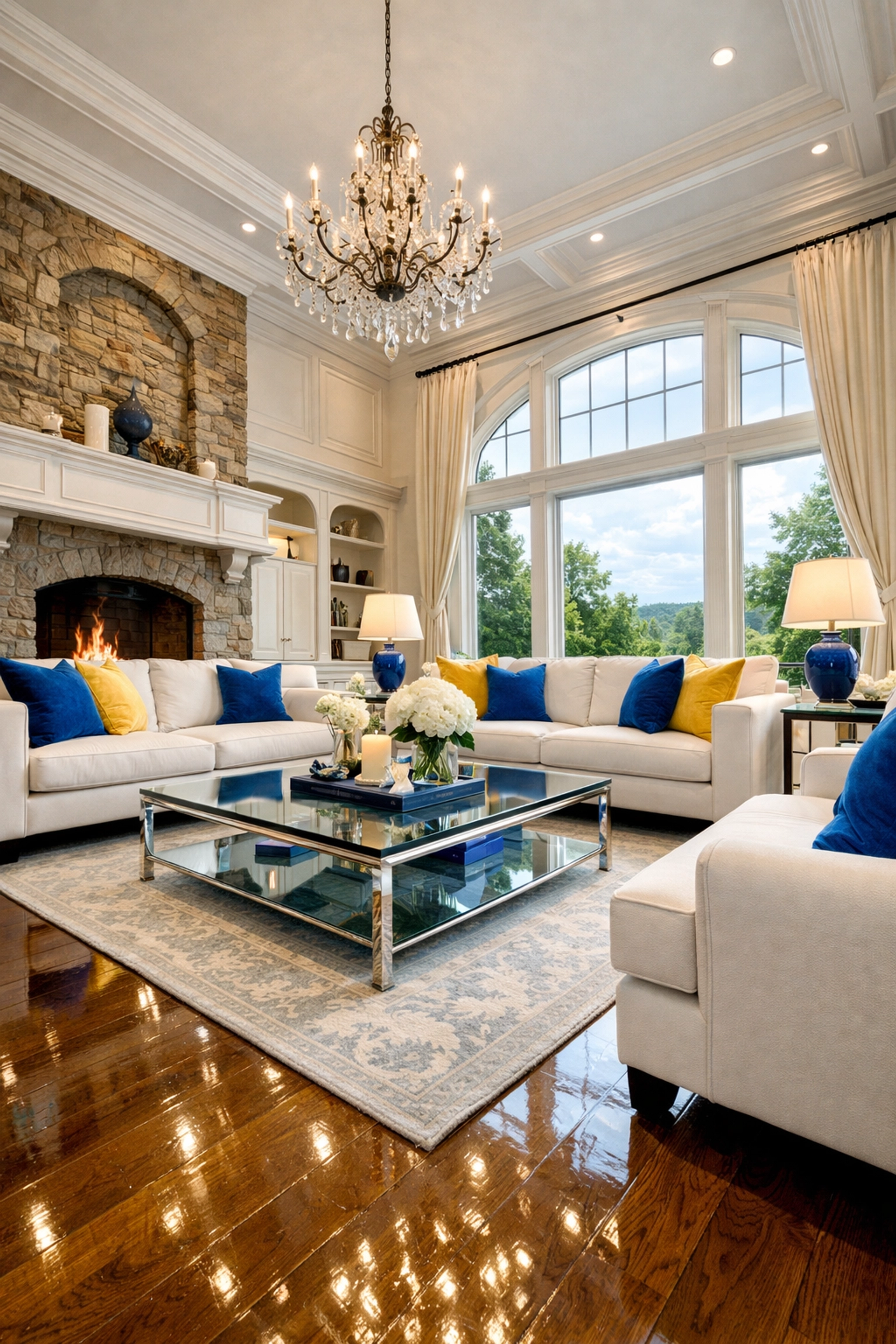 Spotless grand living room in a Concord home after a deep residential cleaning service in Massachusetts.