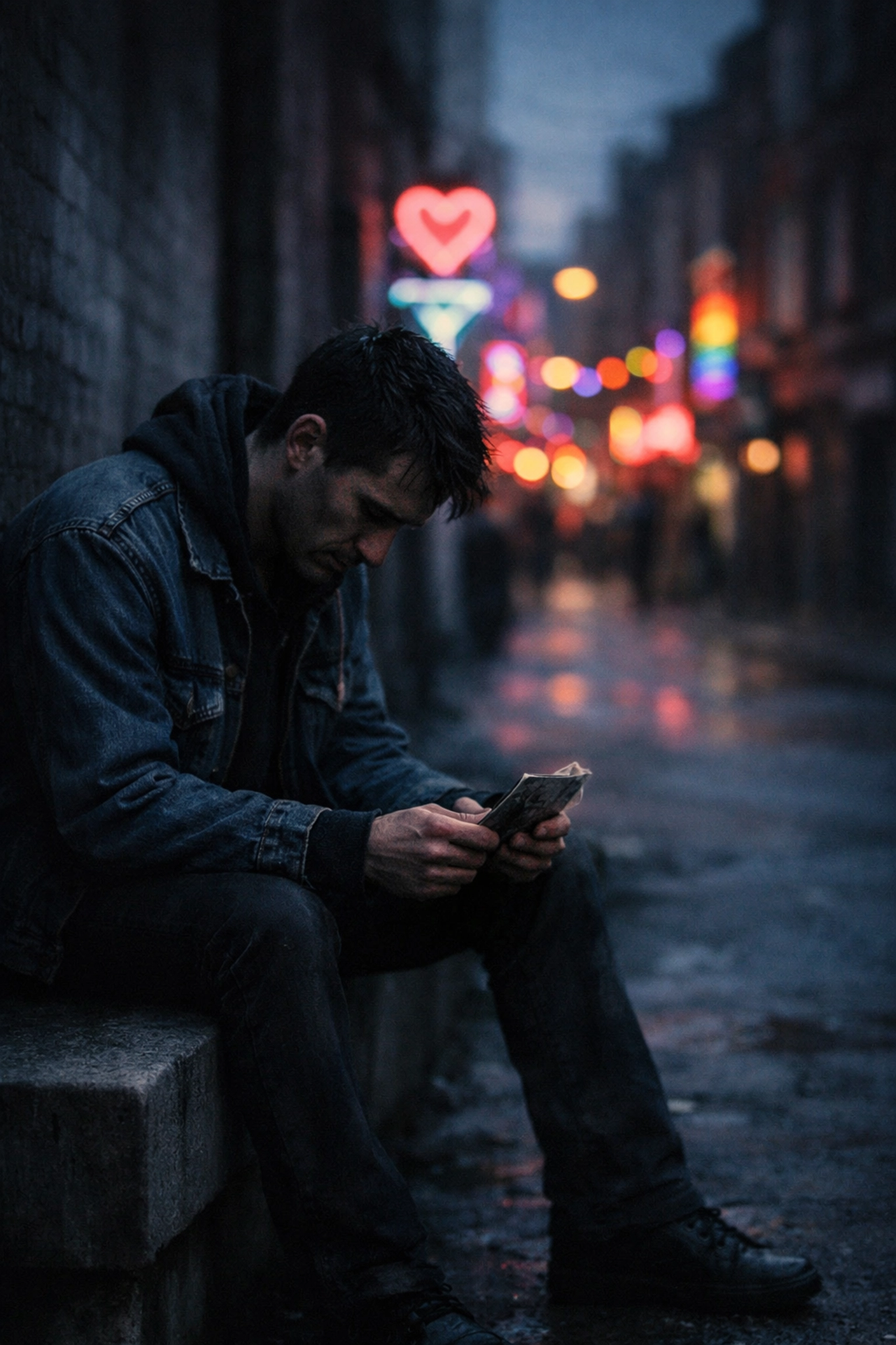 A solitary gay man in a dark alleyway looking at a photograph with regret, reflecting on the price of the scene.