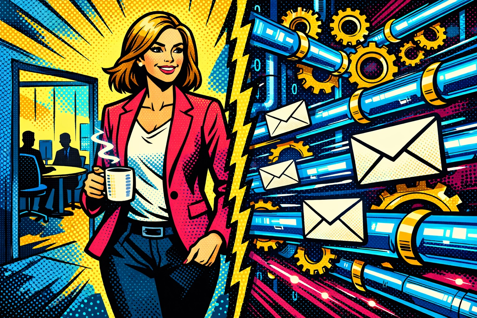 Small business owner focused on a meeting while automated workflows handle incoming customer data and emails.