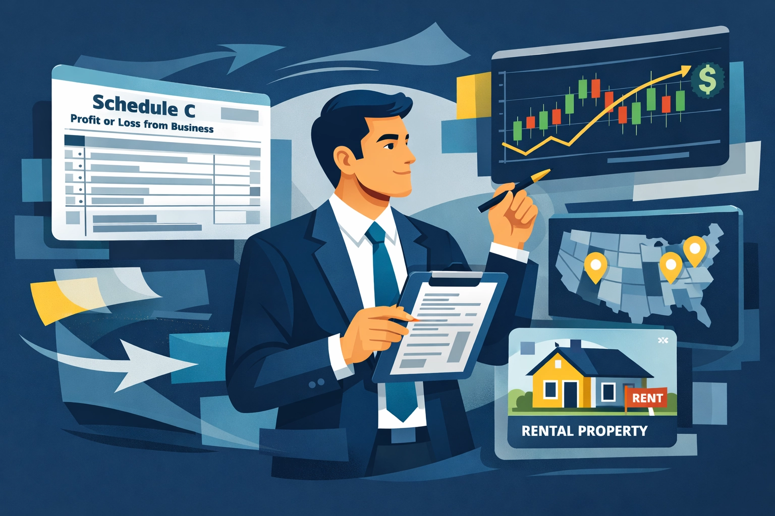 Tax professional managing complex returns including self-employment and investment income