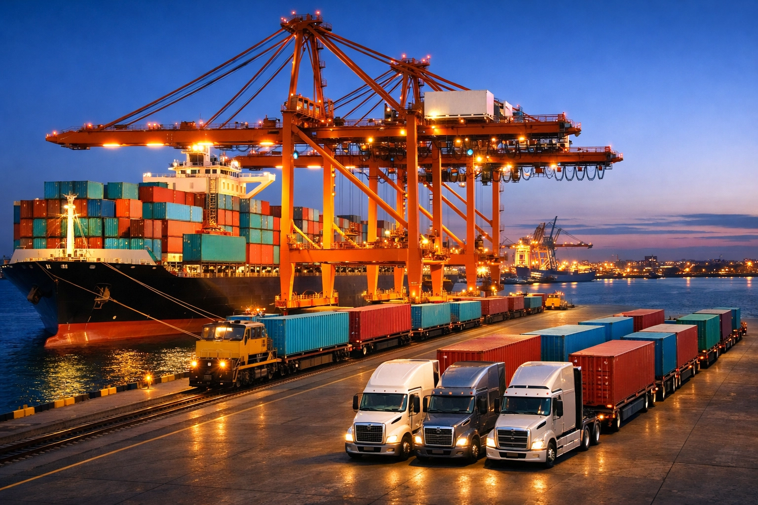 A major international seaport showing gantry cranes loading containers for global trade and logistics pros.